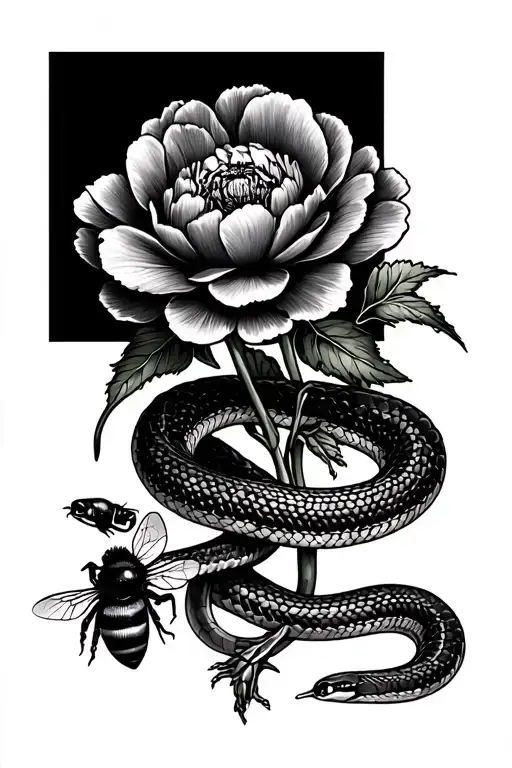 Peony poppy with garter snake, salamander, and bumblebee tattoo design idea
