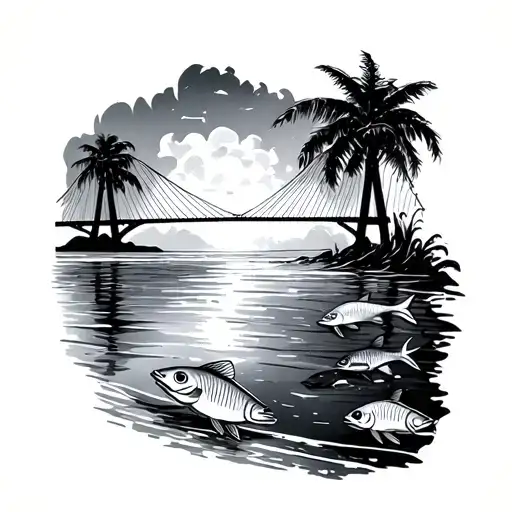 beach with fish in water and above the beach is a burning bridge tattoo design idea