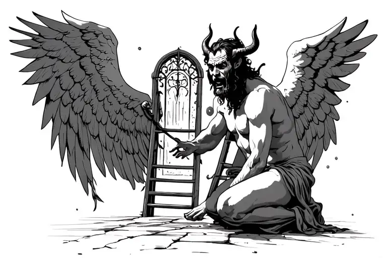 The devil on his knees on a ladder leading to the gate of heaven. Expression of suffering and deep regret. In the face of an angel tattoo design idea