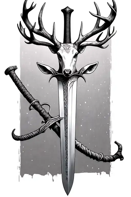 thin swords wrapped  with deer head handle  tattoo design idea