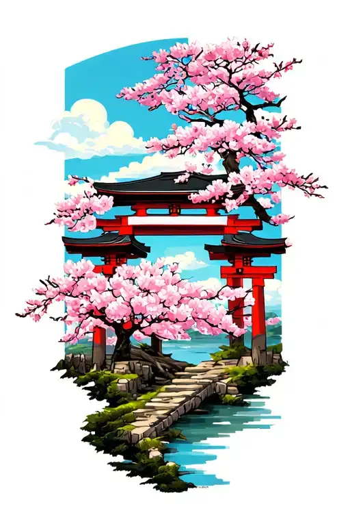 Cherry blossom tree with Shinto shrine tattoo design idea