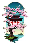Cherry blossom tree with Shinto shrine tattoo design idea