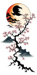 Japanese cherry tree with moon and sun with river tattoo design idea