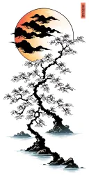 Japanese cherry tree with moon and sun with river tattoo design idea