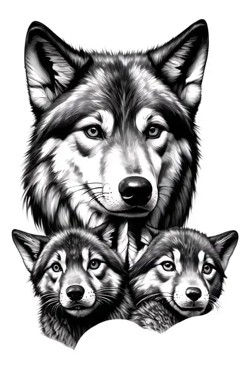 half wolf face with 3 cubs face only tattoo design idea