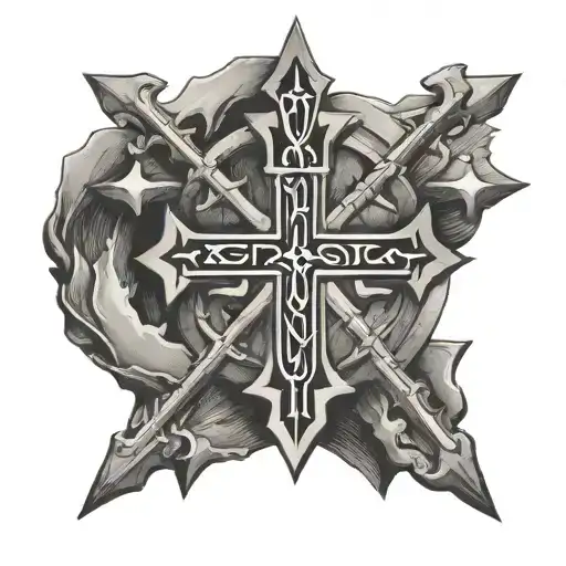 jerusalem cross with text Deus vult written in caligraphy tattoo design idea