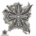 jerusalem cross with text Deus vult written in caligraphy tattoo design idea