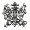 jerusalem cross with text Deus vult written in caligraphy tattoo design idea