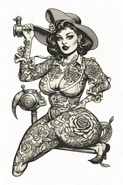 sexy pin up girl, no clothes on, minimal clothing, nakedm voluptuous, beautiful, full body tattoo design idea