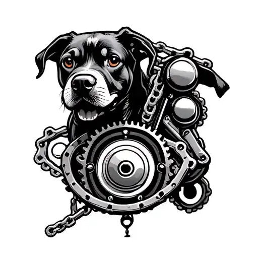 Doggage with motorcycle chain and pendulum with apparent gear tattoo design idea