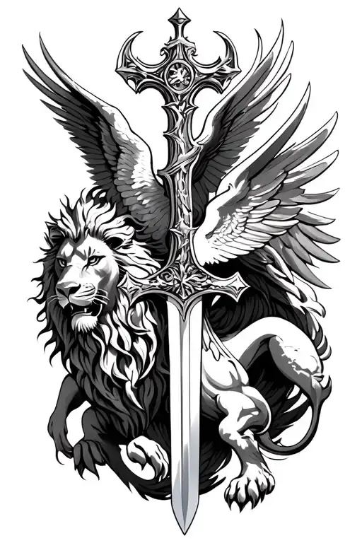 lion, eagle, pegasus, St. George killing the dragon, sword, cross tattoo design idea
