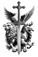 lion, eagle, pegasus, St. George killing the dragon, sword, cross tattoo design idea