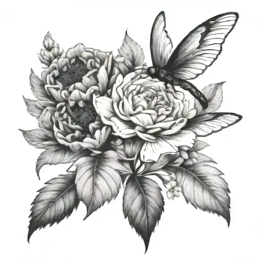 carnations and sunflower  and dragonfly dainty flowers tattoo design idea