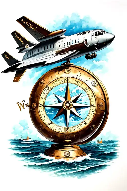 compass, globe surrounded, plane, ship,  tattoo design idea