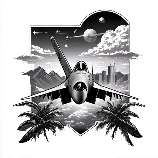 paper plane, f-15, rocket engine, mountains, Miami skyline, satellites tattoo design idea