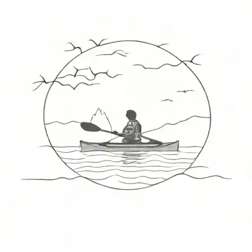 empty kayak, slightly angles towards bottom left, on a calm lake surrounded by trees tattoo design idea