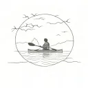 empty kayak, slightly angles towards bottom left, on a calm lake surrounded by trees tattoo design idea