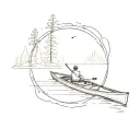 empty kayak, slightly angles towards bottom left, on a calm lake surrounded by trees tattoo design idea