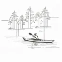 empty kayak, slightly angles towards bottom left, on a calm lake surrounded by trees tattoo design idea