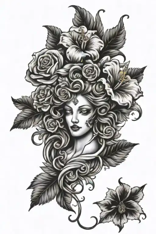 medusa, hibiscus, virgo, capricorn, pieces, dog print, book fantasy leg sleeve arrangement tattoo design idea
