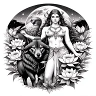 sexy aries goddess surrounded by poeny and lotus flowers growing with a wolf and a hawk with mars in the background  tattoo design idea