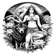 sexy aries goddess surrounded by poeny and lotus flowers growing with a wolf and a hawk with mars in the background  tattoo design idea