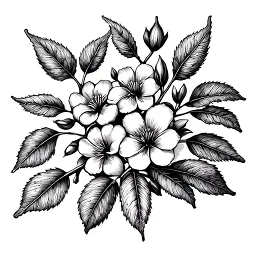 walnut tree branches, leaves and flowers tattoo design idea