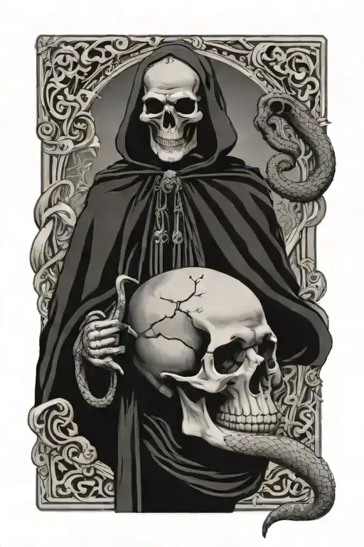 the emperor tarot card, skull, snake wrapped loosely tattoo design idea