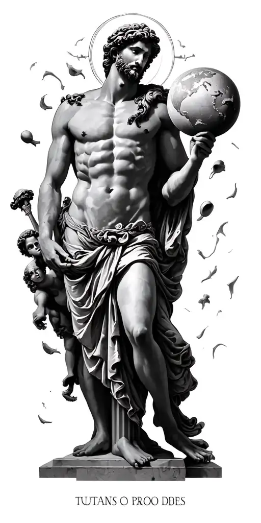 Roman theme with: Atlas holding world,  Mars god of war, Venus godess, two pillars, scattered bones tattoo design idea