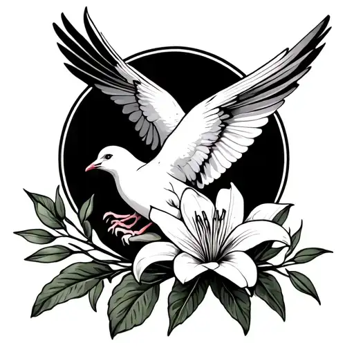 dove holding a lily flower and olive branches stretching towards tattoo design idea