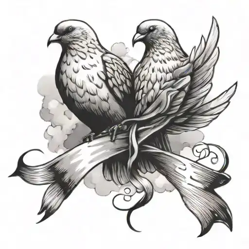 2 doves flying up holding a ribbon clouds tattoo design idea