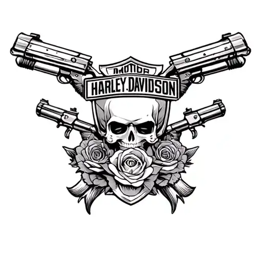 harley davidson bar and shield with guns and roses.  tattoo design idea
