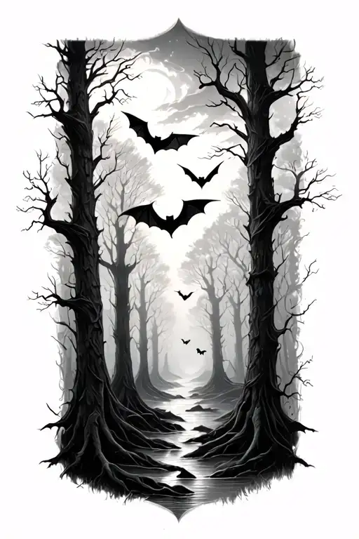 haunted forest sleeve with bats flying across tattoo design idea