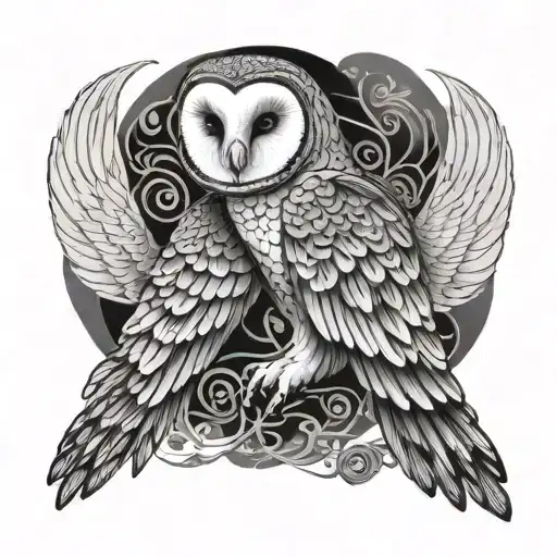 barn owl with both wings spread in a patterned background tattoo design idea