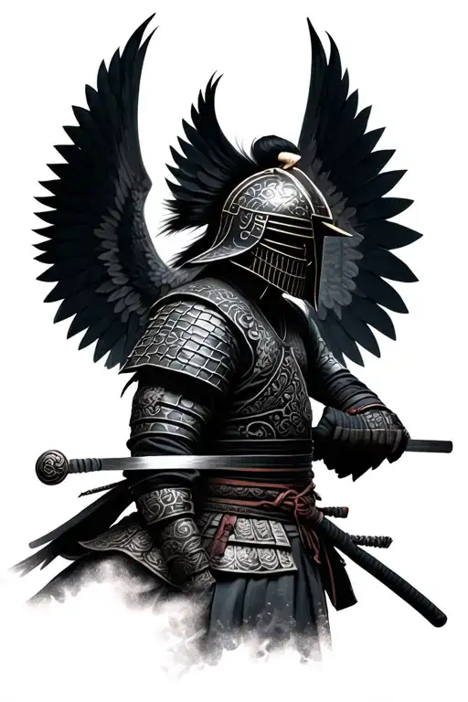 photo realistic ronin samurai warrior wearing a kabuto helmet with wings and wearing a mengu tattoo design idea