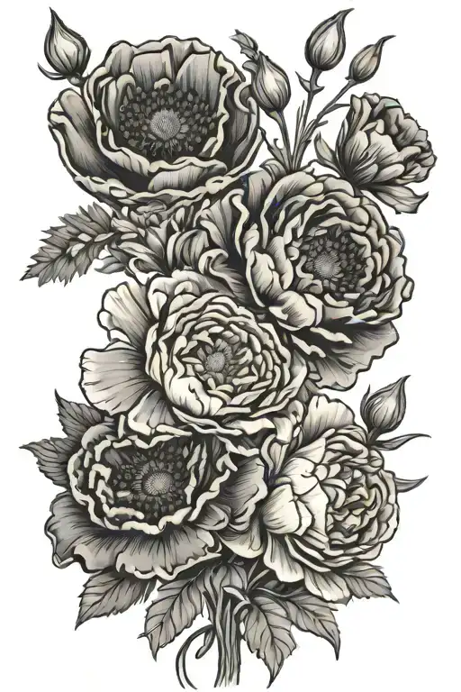 flower bouquet with poppies, carnations, narcisus, asters tattoo design idea