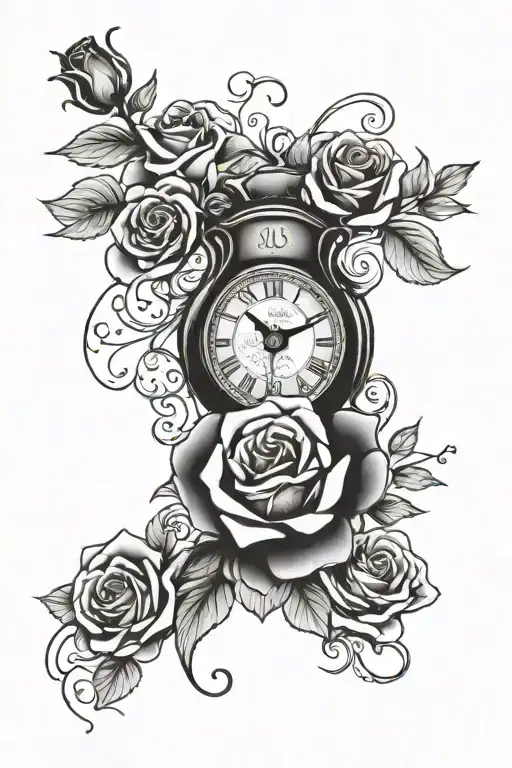 clock roses and banners wrapped around a heart with brenda in the banner tattoo design idea
