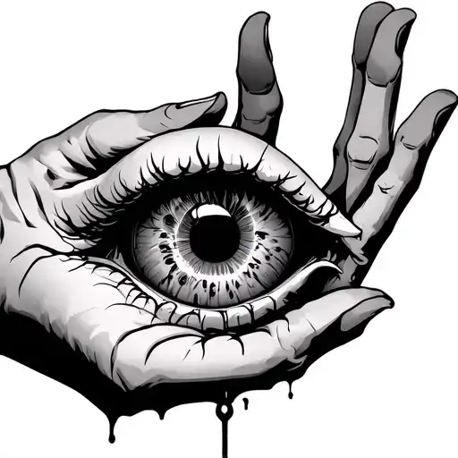 hand holding a pluked out eyeballwith veins dangiling from a side view with three fingers  tattoo design idea