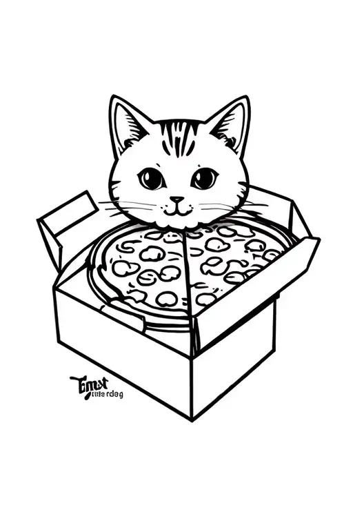 Cute cat eats pizza box tattoo design idea