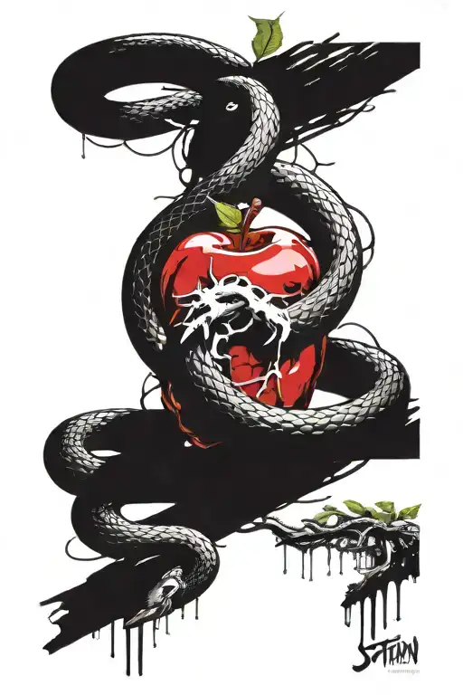 The satan that fools adam and eve in form of an snake that twist around an apple tree. tattoo design idea