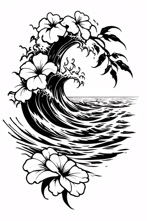 waves crashing on the beach with small hibiscus vine on right side tattoo design idea