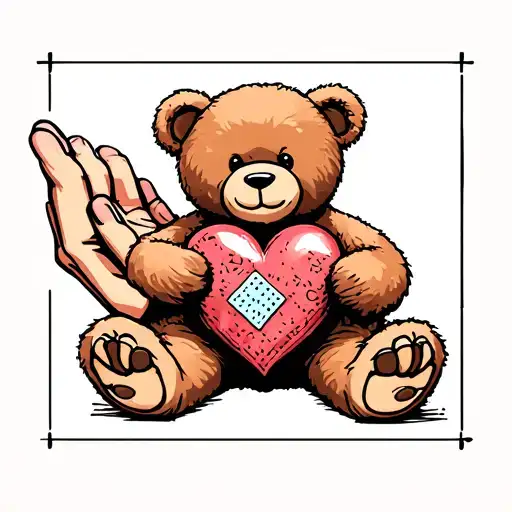 a Teddy bear with bandaid on its heart is given by a hand  tattoo design idea