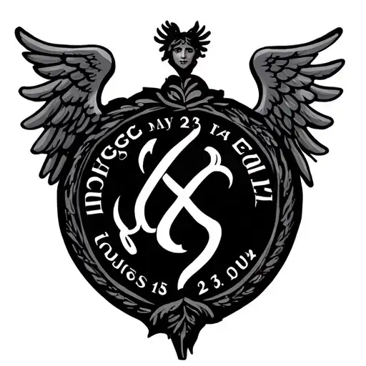 A Virgo symbol with small angel wings behind. Under the left wing a date of Aug 23, 2004 and on the right wing a day of  tattoo design idea