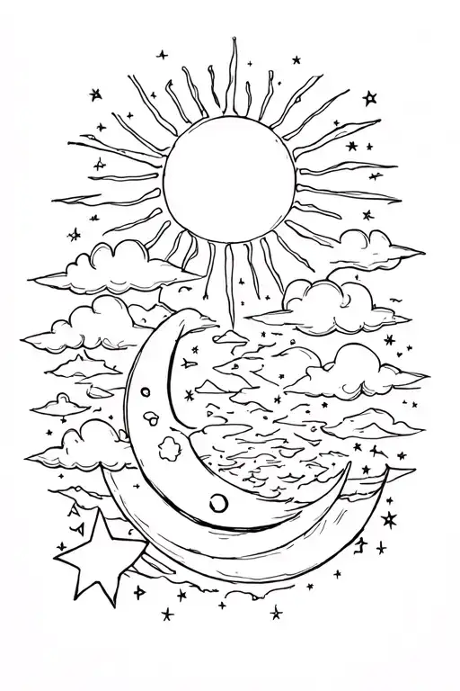 sun and clouds on top half of sleeve and moon and stars below tattoo design idea