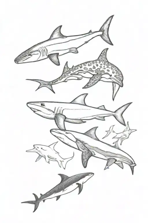 leopard shark, dolphin , orca whale, and starfish  tattoo design idea