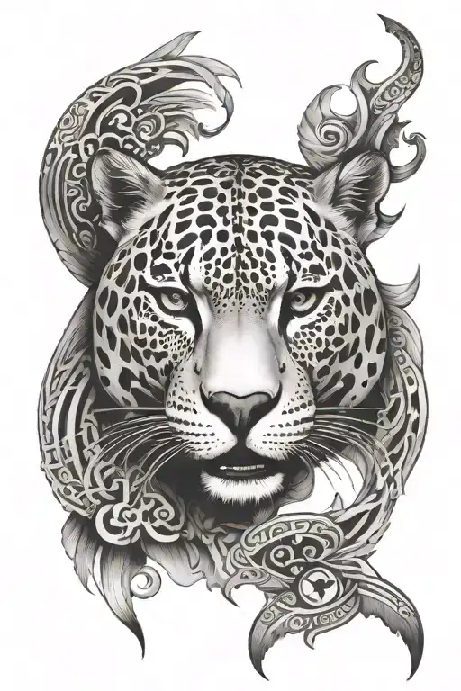 Create a tattoo of a jaguar intertwined with Aztec symbols and patterns tattoo design idea