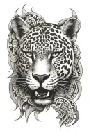 Create a tattoo of a jaguar intertwined with Aztec symbols and patterns tattoo design idea