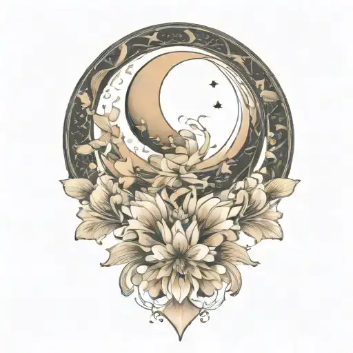 crescent moon, floral, symmetrical, art deco tattoo design idea