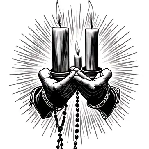 two burning candles on the sides of praying hands holding a rosary with rays in the background  tattoo design idea