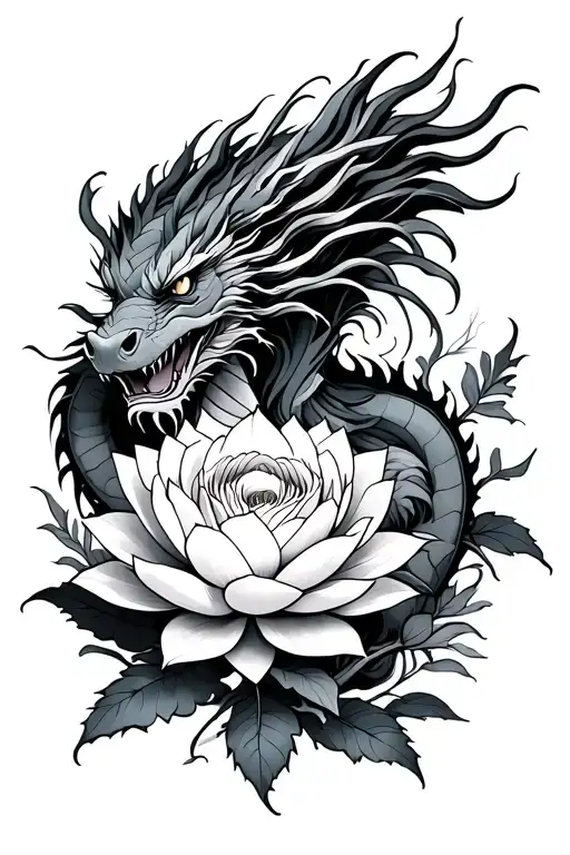 japanesse dragon in center, lotus flower, wilting rose with throns intertwined tattoo design idea